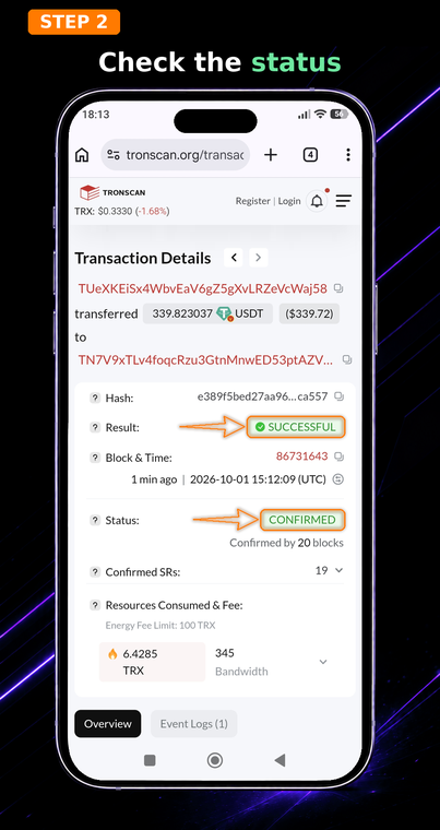 Check the status. Make sure that "SUCCESSFUL" is displayed next to the Result field, and the block status shows "CONFIRMED". This means the transaction has been executed and the block is permanently recorded on the network.