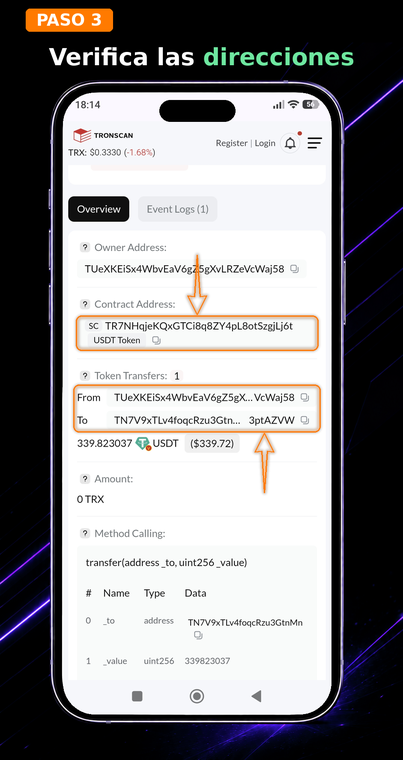 Compara las direcciones. Presta atención a la dirección del contrato inteligente (para el USDT auténtico debe ser TR7NHqjeKQxGTCi8q8ZY4pL8otSzgjLj6t) y verifica completamente, carácter por carácter, la dirección del destinatario en el campo «To».