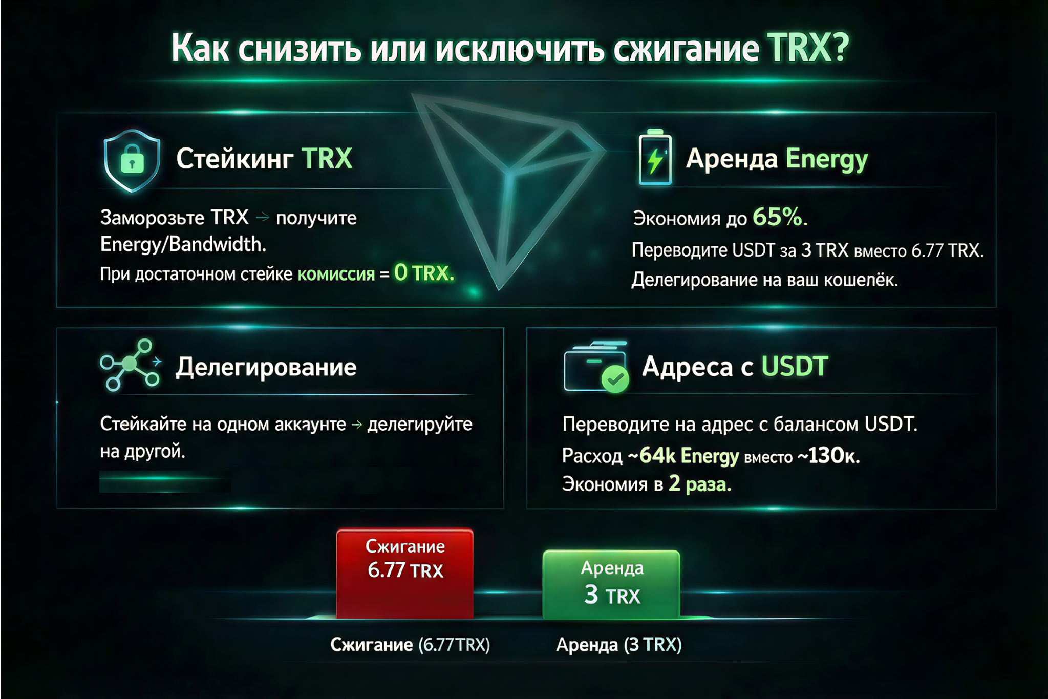 Узнайте, как уменьшить или полностью избежать сжигания TRX в сети TRON. Стейкинг TRX, аренда Energy, делегирование и оптимизация переводов USDT TRC-20 с экономией до 65%.